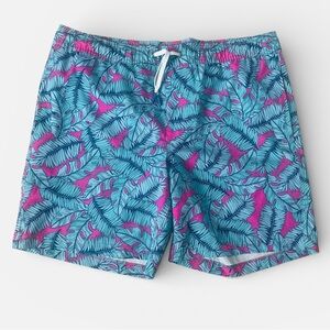 Vibrant Blue and Pink Leaf Pattern Swim Trunks